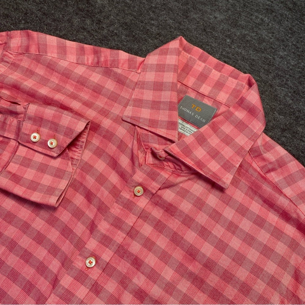 Thomas Dean Long Sleeve Button Down Shirt XL Red Pink Checkered Pima Cotton